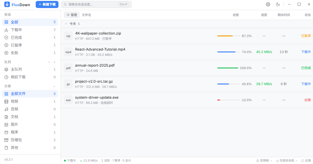 一个开源的多平台多协议下载器 - FluxDown v0.4.7 下载